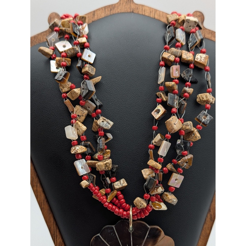 Sonoma Red Beaded Multi Strand Necklace Mother of Pearl Shell Pendant Boho - Picture 3 of 12